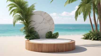 Tropical Beach Product Display Podium with Marble and Wooden Stage Surrounded by Palm Trees