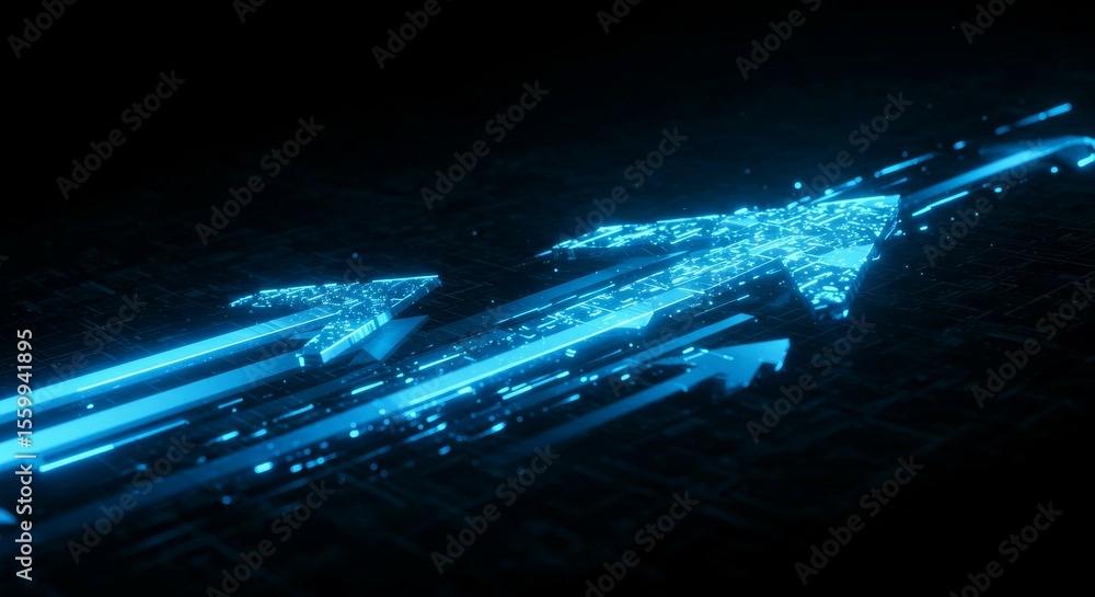 Poster glowing arrows pointing upwards in a technological setting