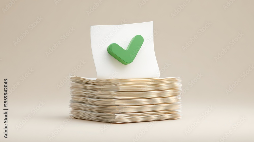 Poster stack of documents featuring a green checkmark on a paper sheet, symbolizing approval, success, comp