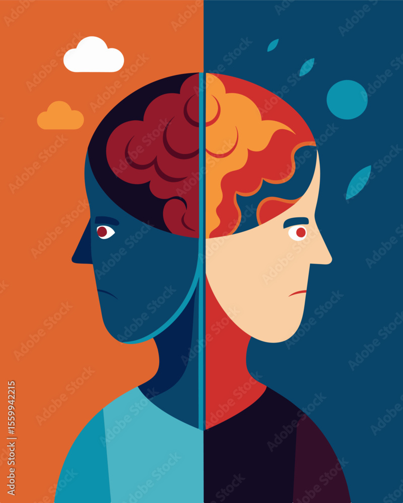 Poster a divided mind constantly arguing with itself and unable to find peace.. vector illustration
