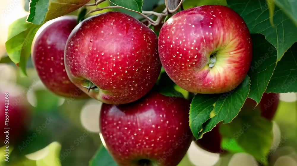 Poster red apples hanging on a tree with sunlight filtering through the leaves in an orchard setting, red a