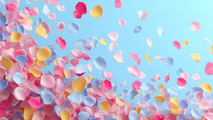 Pastel rose petals swirling against a light blue background