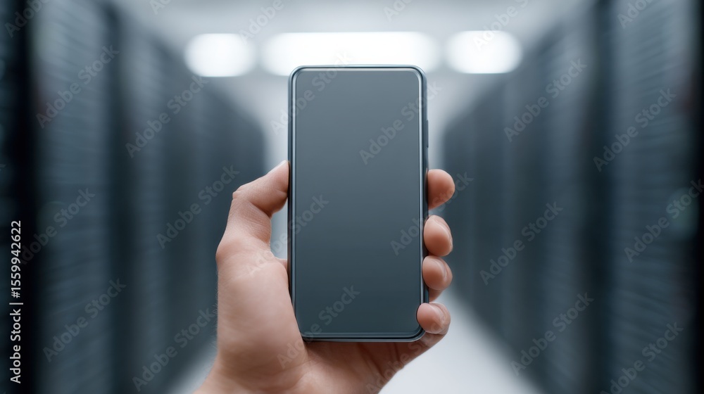 Poster hand holding smartphone in data center with blurred server racks in background, technology and digit