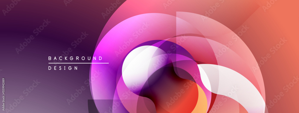 Poster abstract design features overlapping translucent circles. gradient colors blend from purple, pink, o