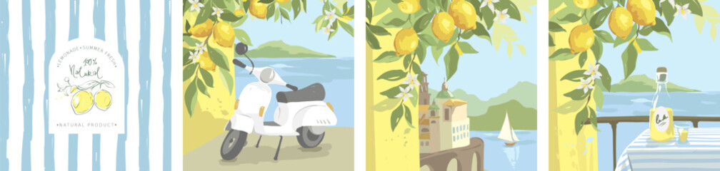 Summer trip to Italy. The city of Amalfi. A table on the balcony with a sea view and a bottle of limoncello and a retro scooter. Collection Hand drawn vector illustrations in watercolor style.