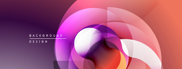 Abstract design features overlapping translucent circles. Gradient colors blend from purple, pink, orange hues. Modern, dynamic composition.