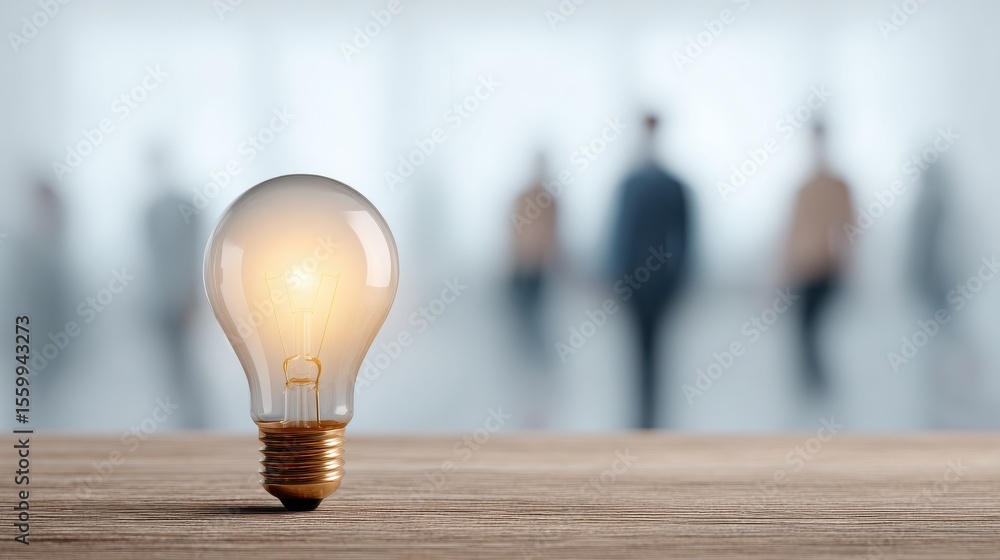 Poster light bulb illuminating ideas in a bright workspace with unfocused people in the background represen