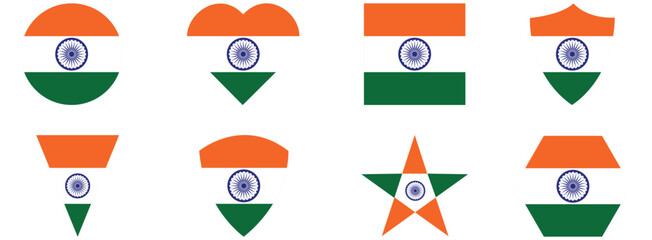 set of indian flag icons vector symbol in various shapes isolated on white bg.