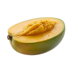 Half Ripe Mango with Juicy Flesh on White Background