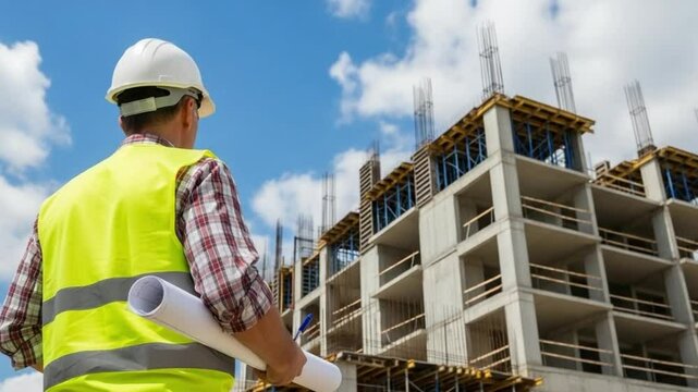 Construction Worker with Helmet and Vest Inspecting Building Project