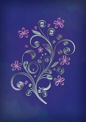 Floral design on watercolor background. Imitation of paper work, quilling technique. Render of 3D model. 