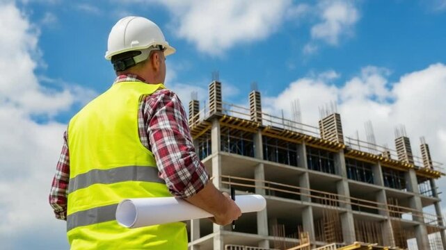 Construction Worker with Helmet and Vest Inspecting Building Project