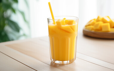 A glass of mango juice with straw and mango chunks on a wooden plate on table