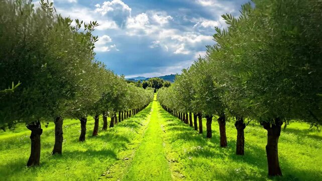Rows of olive trees thriving in an orchard under a bright sky in a rural landscape, Olive oil cultivation Tree rows in orchard