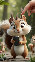 Fototapeta premium Playful Squirrel Using Smartphone in Forest, Animated Scene, Whimsical Nature Environment