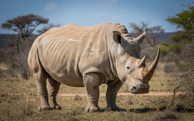 Fototapeta premium Majestic White Rhinoceros in African Savanna