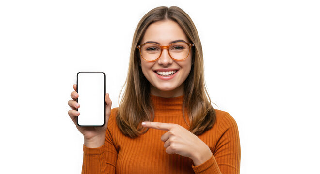 Woman with glasses pointing at a blank smartphone screen in her hand