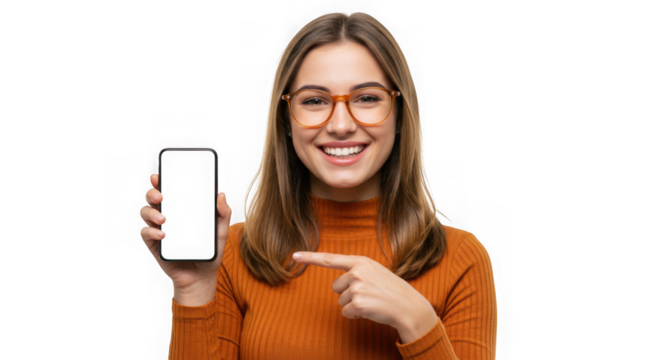 Woman with glasses pointing at a blank smartphone screen in her hand