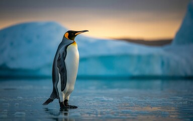 Fototapeta premium Majestic King Penguin Stands Alone on Icy Surface at Sunset, Antarctic Wilderness