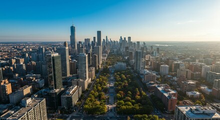 Fototapeta premium Cityscape Aerial View of Downtown with Park and Skyline on a Clear Day