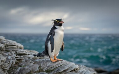Obraz premium Rockhopper Penguin on Rocky Coastline with Dramatic Sky and Ocean Backdrop