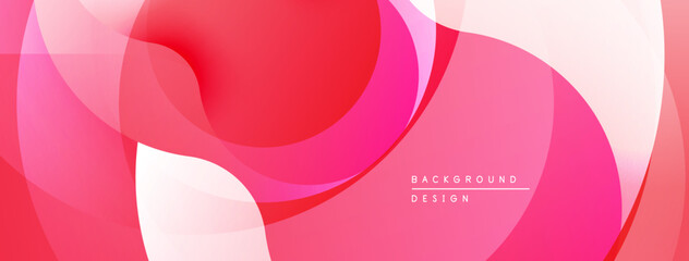 Abstract fluid shapes, vibrant pinks, reds, whites blend. Modern design creates smooth, flowing visual experience.
