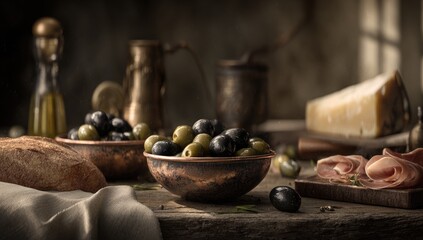 Still life with olives, cheese, and bread