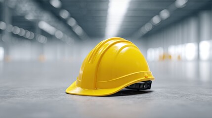 Bright Yellow Safety Helmet Placed on a Smooth Concrete Floor in an Industrial Warehouse Setting with Soft Focus Background
