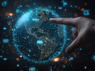 Hand touching globe with floating tech icons over dark abstract background, symbolizing global digital marketing solutions for cloud data management, social media SEO and business growth