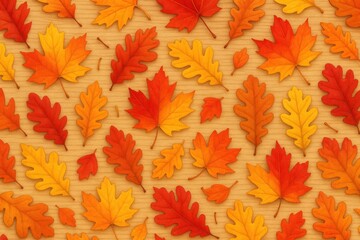 Fototapeta premium Autumn Pattern with Multi-Colored Maple and Oak Leaves on Warm Wood Texture Background
