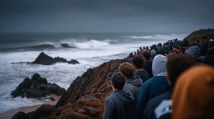 Oceanfront Spectacle: A crowd of individuals gathers on a rugged coastal cliff, their gaze fixed upon the dramatic display of powerful ocean waves crashing against the shore under a moody sky.