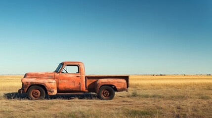 Vintage charm: A rusted orange pickup truck amidst a golden field with a clear blue sky