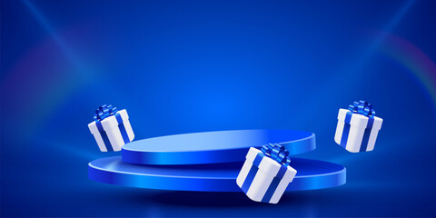 Winner Podium with present boxes. Giveaway winner or sale announcement. Vector illustration