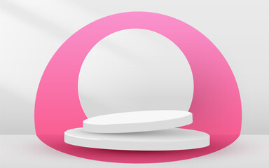 Abstract scene background. Cylinder podium on pink background. Product presentation, mock up. Podium, stage pedestal or platform. Vector illustration