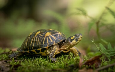 Naklejka premium Detailed Portrait of a Box Turtle in Natural Habitat, Mossy Ground