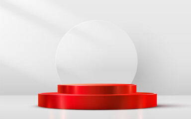Abstract scene background. Cylinder red podium on white background. Product presentation, mock up. Podium, stage pedestal or platform. Vector illustration