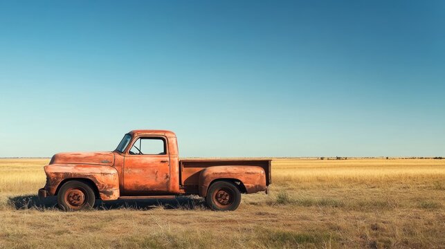 Vintage charm: A rusted orange pickup truck amidst a golden field with a clear blue sky - Powered by Adobe