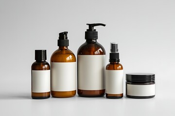 A collection of empty amber glass cosmetic bottles and jars with white labels and black caps arranged on a clean white background