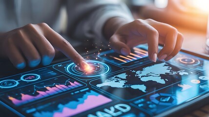 Woman using futuristic tablet with global data interface