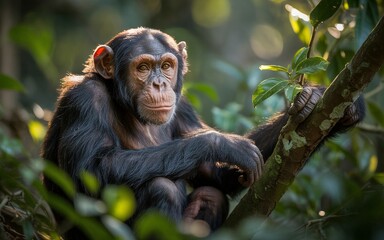 Chimpanzee Perched in Sunlight, Gazing with Thoughtful Expression in Lush Greenery