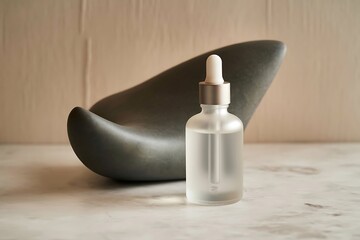 Minimalist still life featuring a frosted glass dropper bottle filled with clear liquid and a sleek dark stone sculpture on a marble surface