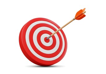 3d vibrant red dartboard with a bullseye hit by an arrow signifies business success through accurate aiming and winning aspirations in sport and marketing