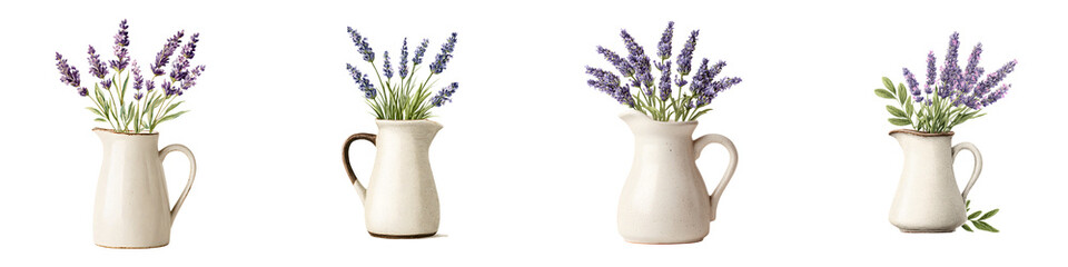Naklejka premium Lavender in Vintage Pitchers: Rustic Floral Arrangement