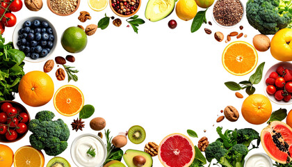 Healthy food border with fresh fruit, nuts, and vegetables arranged in vibrant frame