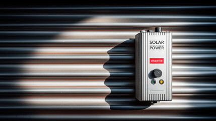 Solar power inverter is mounted on metallic striped wall, casting shadow. sunlight highlights device sleek design