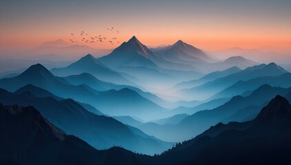 Misty mountain range at sunrise