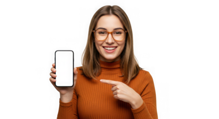Woman pointing at a phone with a blank screen against black background