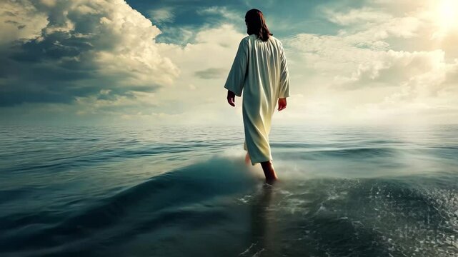 Jesus Christ walking on water and praying amidst a serene landscape and dramatic skies, video of Jesus Christ walks on water and praying to God