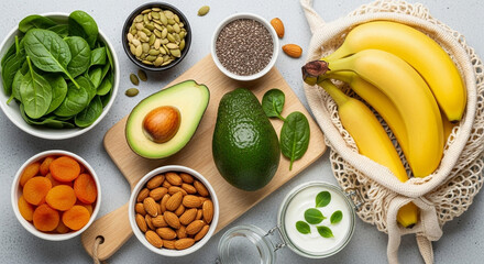 Overhead shot of healthy food arrangement with bananas avocados and nuts on a light surface