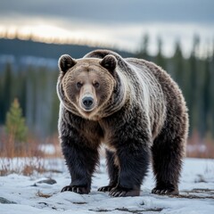 Fototapeta premium Majestic Grizzly Bear Standing in Snowy Landscape, Direct Gaze, Portrait View